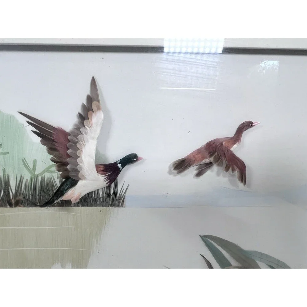 Flying Ducks Wall Decor Vintage Feather Art‎ Shadowbox 3D Framed Marshland scene